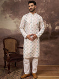 Men White Silk Blend Solid Embroidered Straight Kurta With Pant Set-MKSET1382