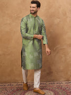 Men Green Silk Blend Geometric Printed Straight Kurta With Pant Set-MKSET1530