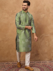 Men Green Silk Blend Geometric Printed Straight Kurta With Pant Set-MKSET1530