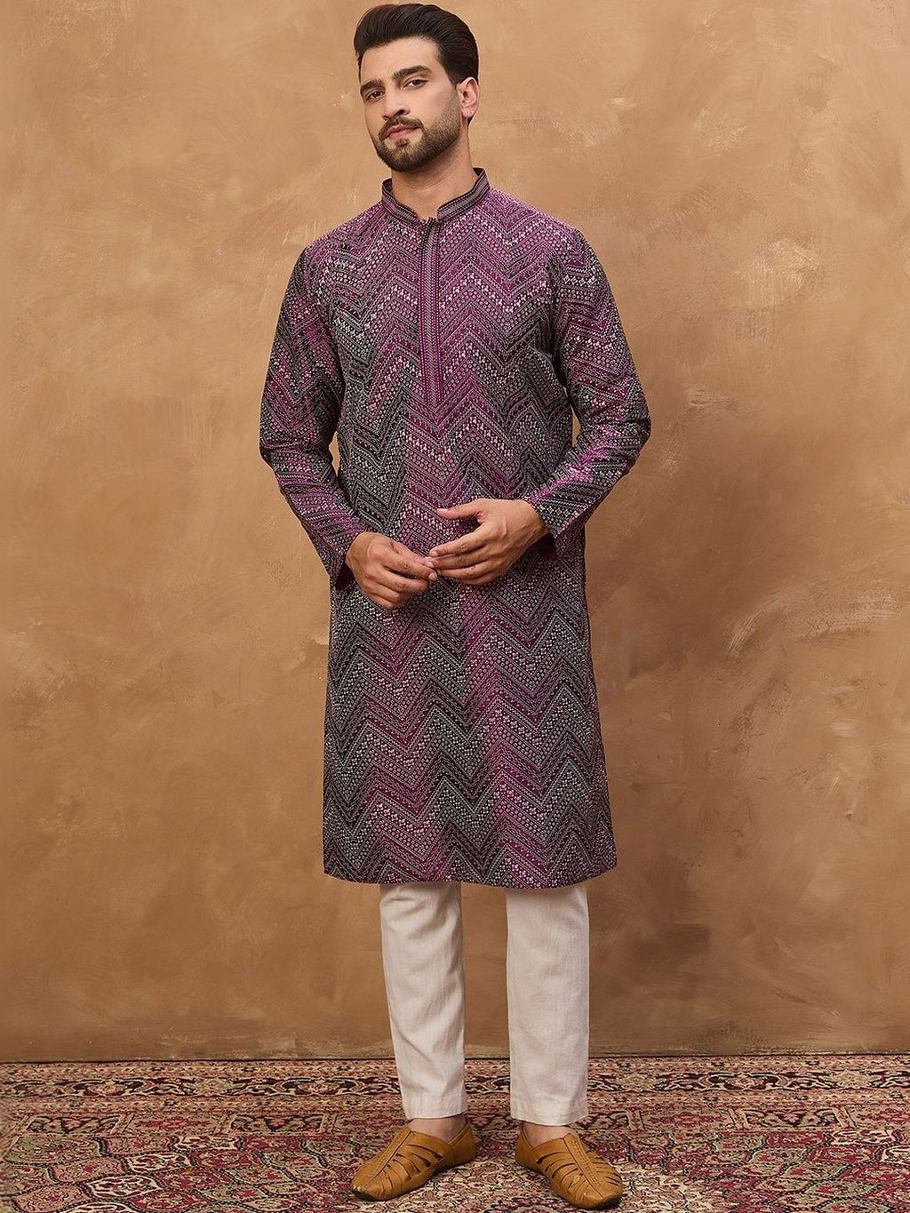 Men Purple Silk Blend Geometric Printed Straight Kurta With Pant Set-MKSET1521