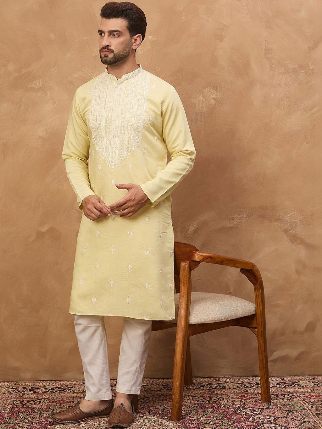 Men Yellow Silk Blend Solid Embroidered Straight Kurta With Pant Set-MKSET1509