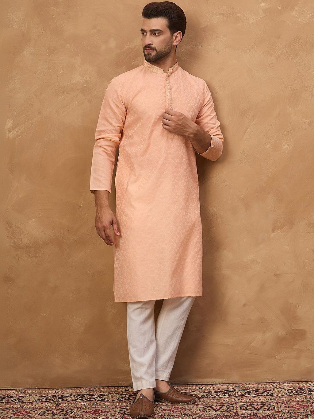Men Peach Silk Blend Solid Embroidered Straight Kurta With Pant Set-MKSET1453