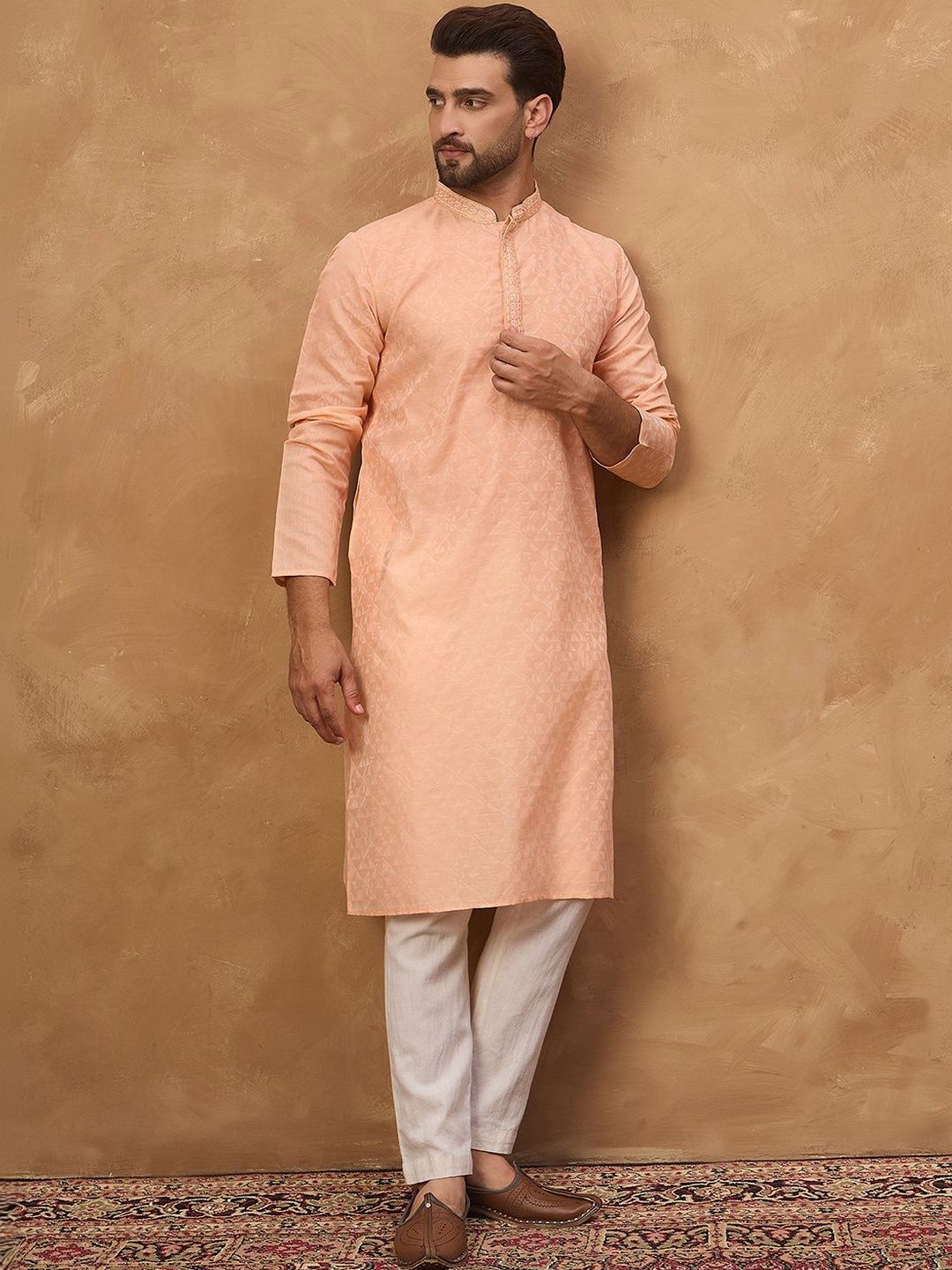 Men Peach Silk Blend Solid Embroidered Straight Kurta With Pant Set-MKSET1453