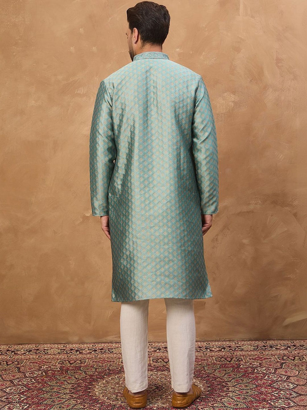 Men Blue Silk Blend Solid Woven Design Straight Kurta With Pant Set-MKSET1457