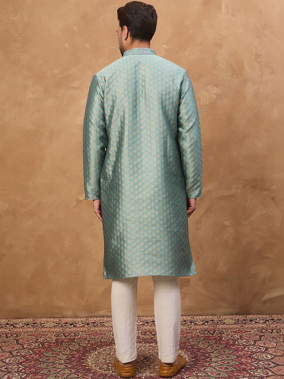 Men Blue Silk Blend Solid Woven Design Straight Kurta With Pant Set-MKSET1457