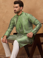 Men Green Silk Blend Geometric Printed Straight Kurta With Pant Set-MKSET1530