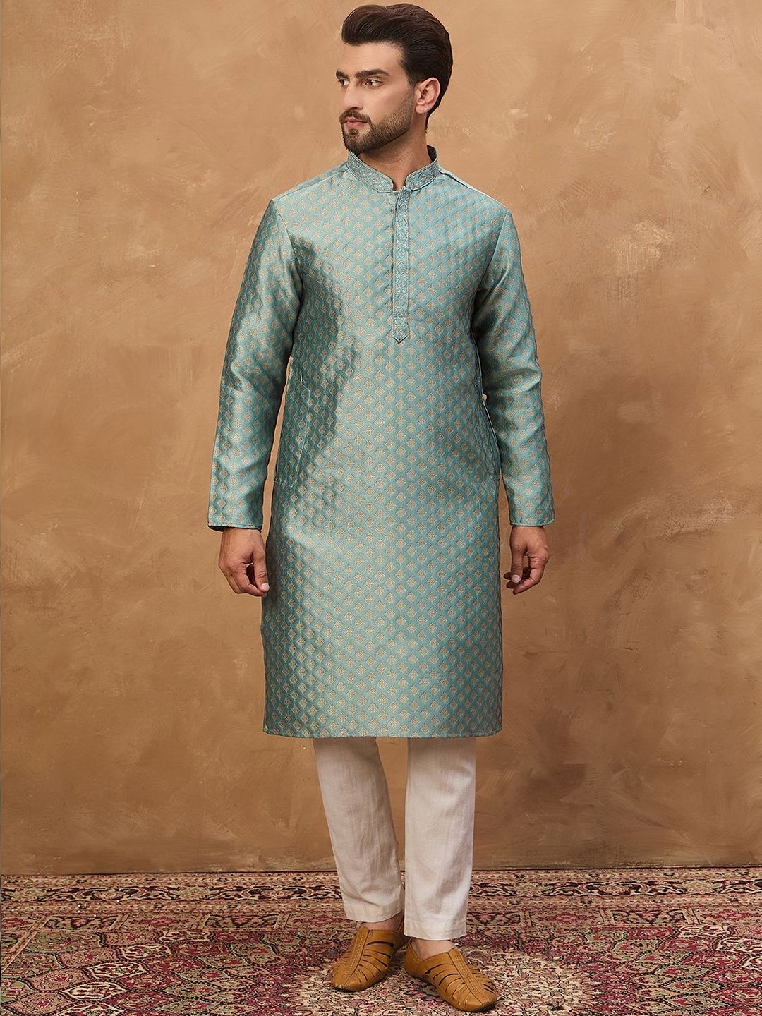 Men Blue Silk Blend Solid Woven Design Straight Kurta With Pant Set-MKSET1457