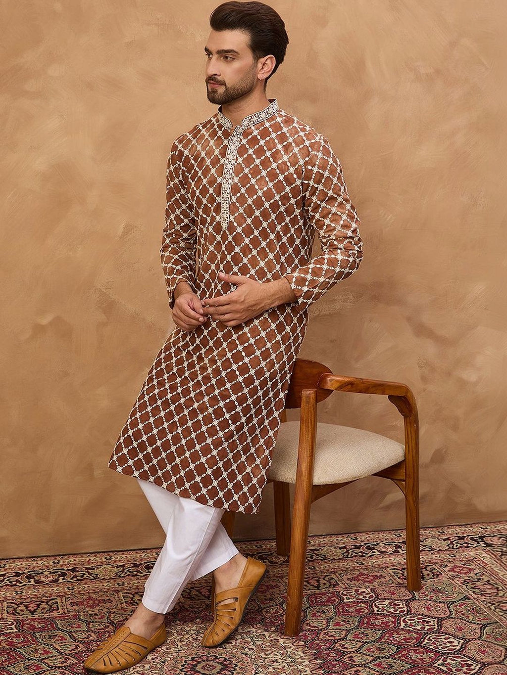 Men Brown Viscose Rayon Solid Embroidered Straight Kurta With Pant Set-MKSET1535
