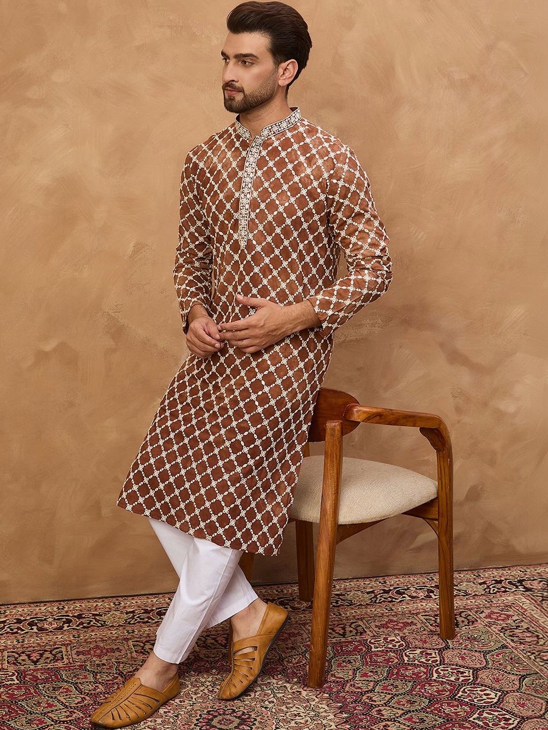 Men Brown Viscose Rayon Solid Embroidered Straight Kurta With Pant Set-MKSET1535