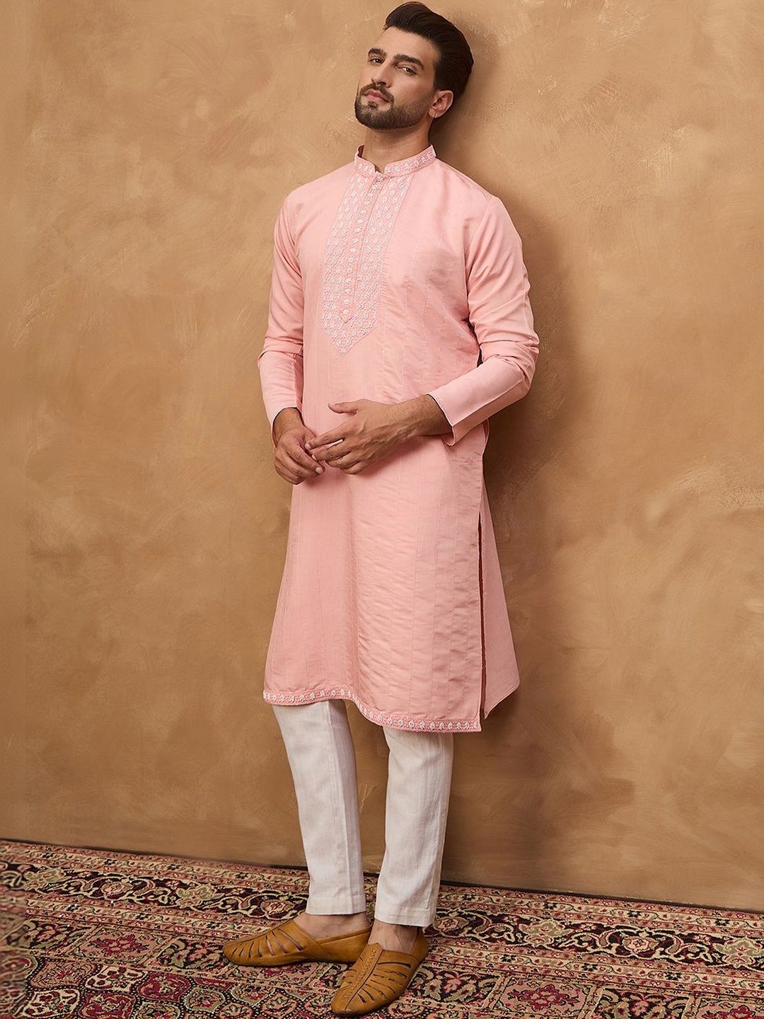 Men Peach Silk Blend Solid Solid Straight Kurta With Pant Set-MKSET1506