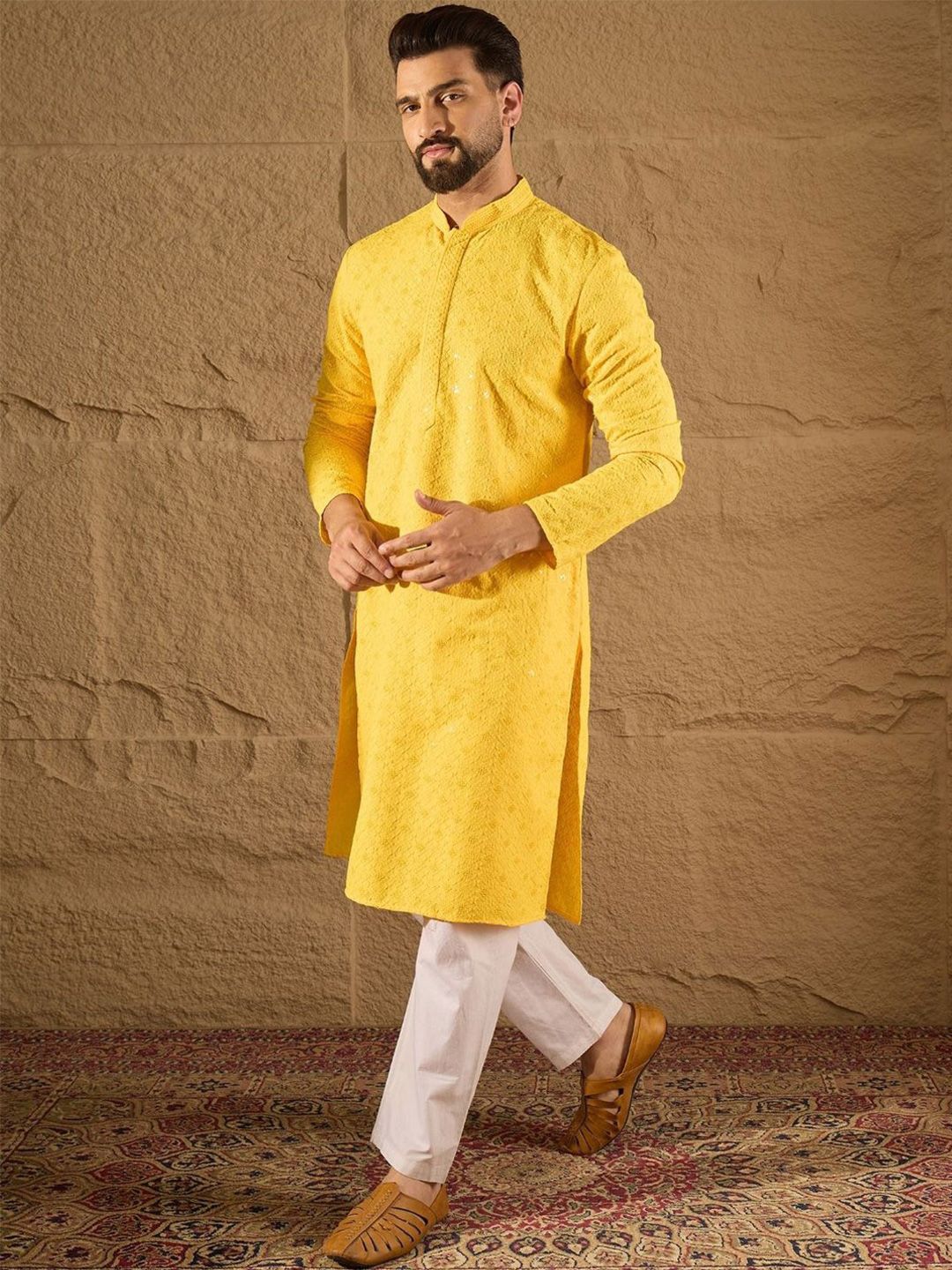 Men Yellow Viscose Rayon Solid Embroidered Straight Kurta With Pant Set-MKSET1212