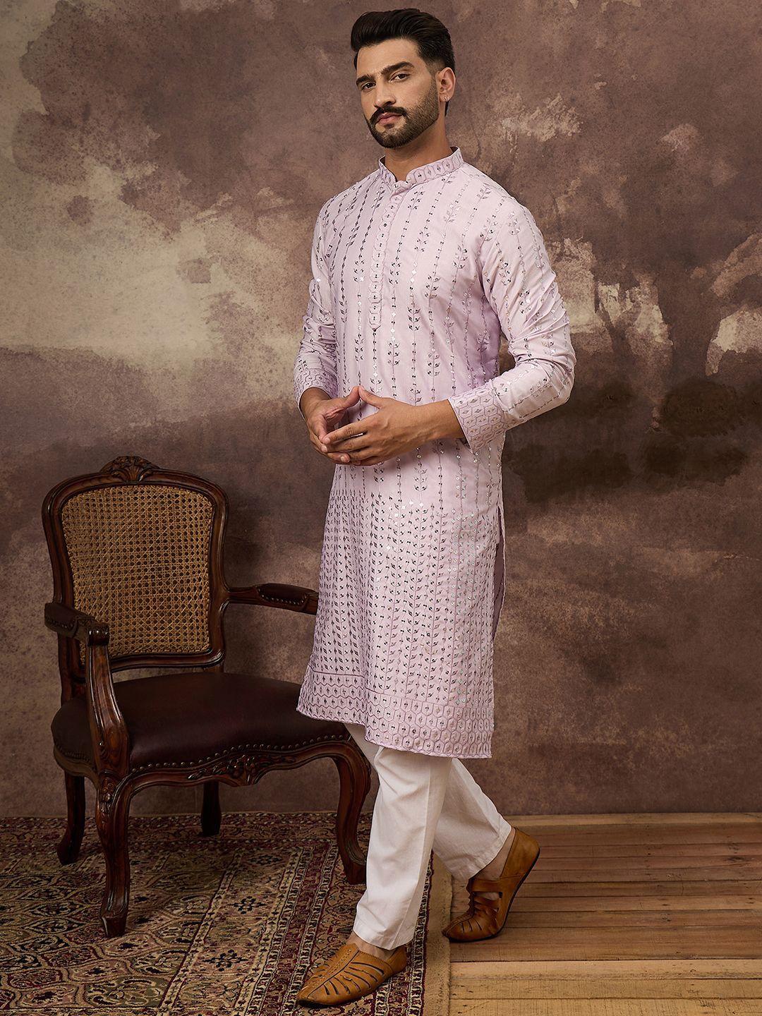 Men Lavender Silk Blend Solid Embroidered Straight Kurta With Pant Set-MKSET1359