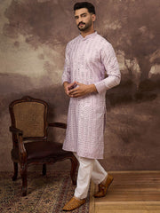 Men Lavender Silk Blend Solid Embroidered Straight Kurta With Pant Set-MKSET1359