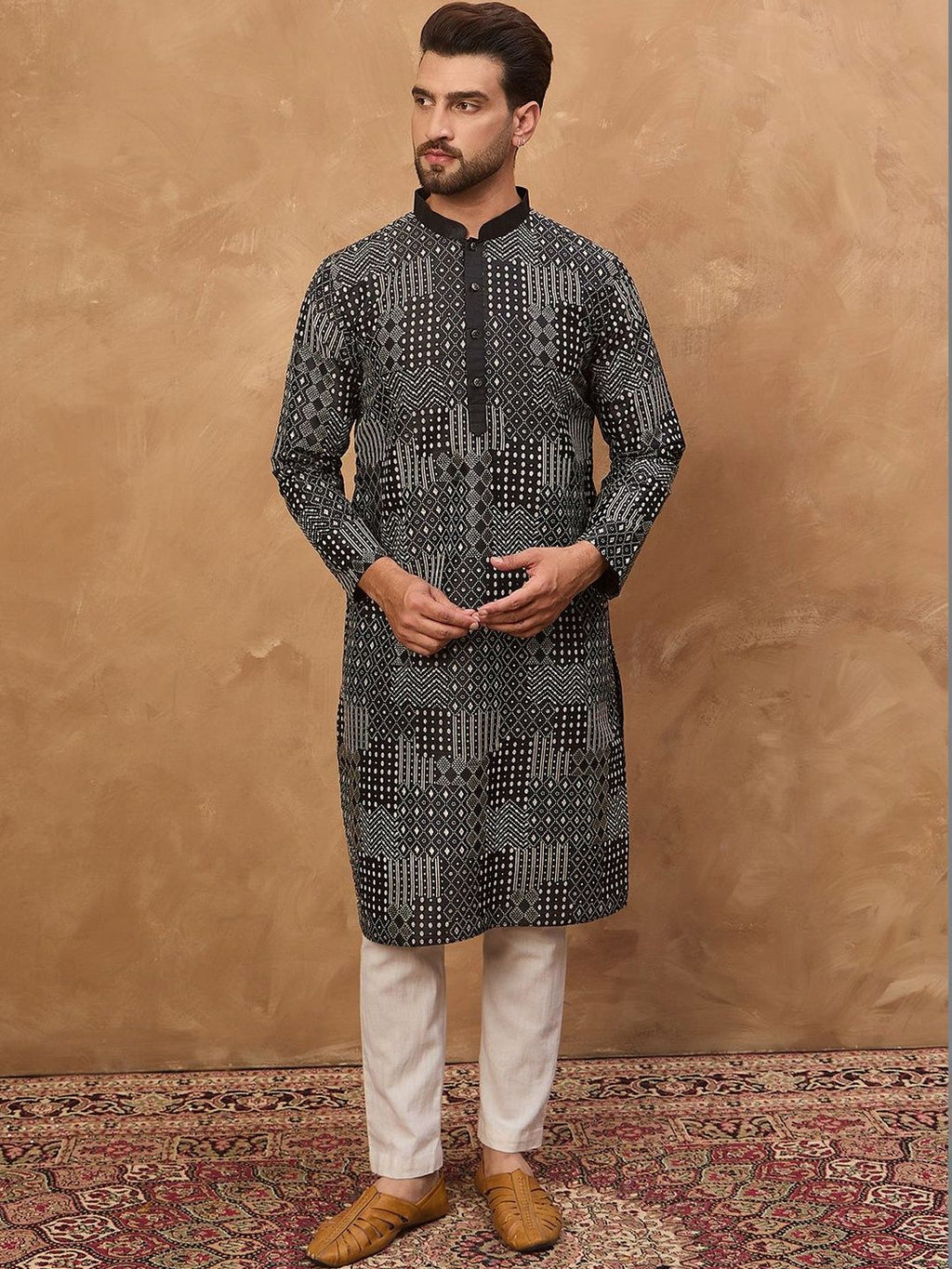 Men Black Silk Blend Geometric Printed Straight Kurta With Pant Set-MKSET1528