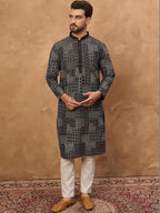 Men Black Silk Blend Geometric Printed Straight Kurta With Pant Set-MKSET1528