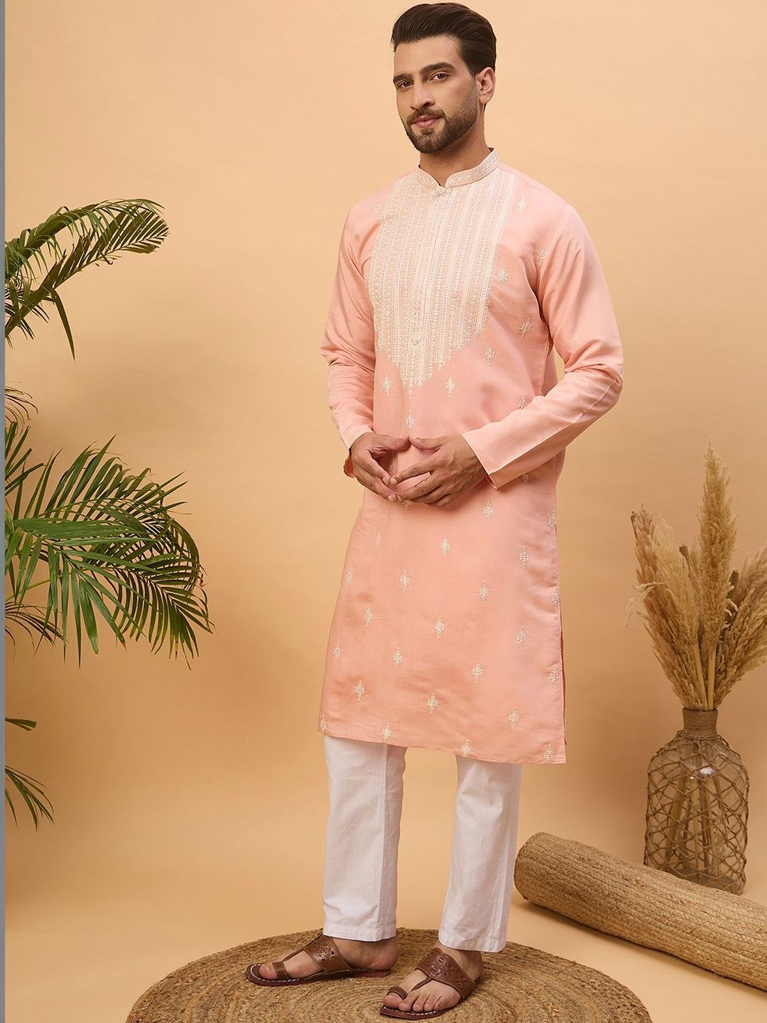 Men Peach Silk Blend Solid Embroidered Straight Kurta With Pant Set-MKSET1510