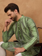 Men Green Silk Blend Geometric Printed Straight Kurta With Pant Set-MKSET1530