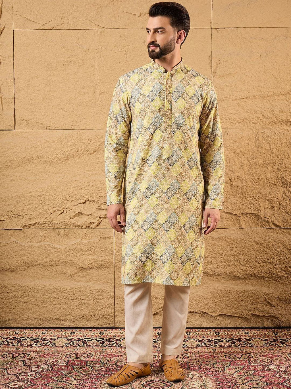 Men Yellow Viscose Rayon Bandhani Embroidered Straight Kurta With Pant Set-MKSET1192