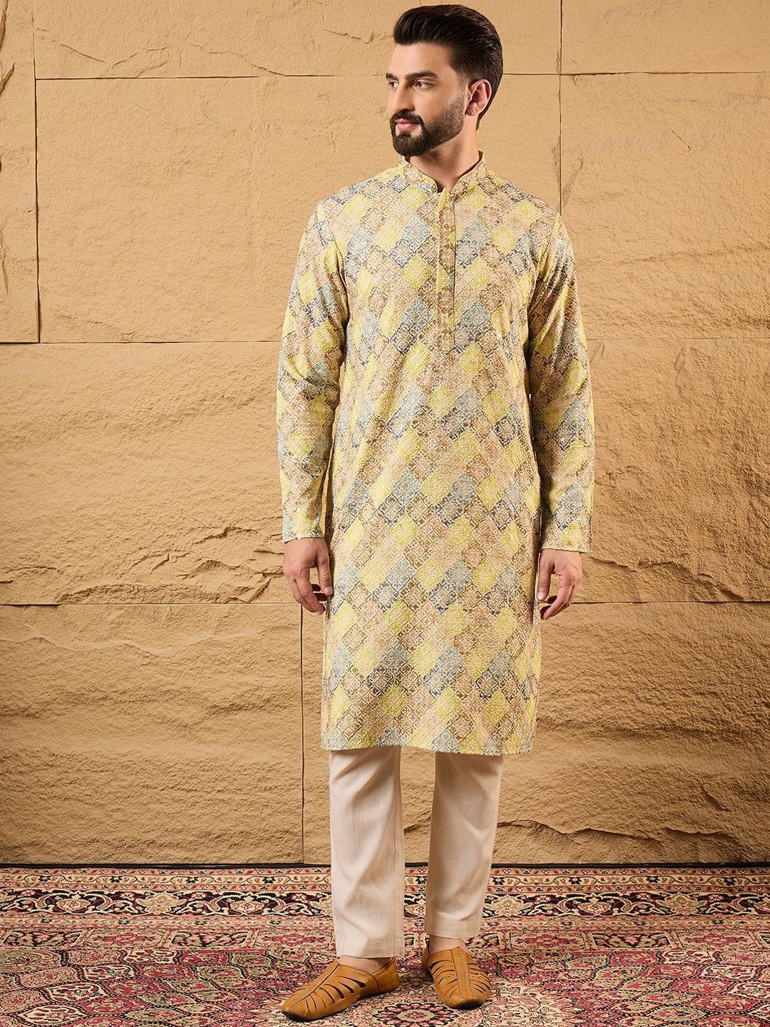 Men Yellow Viscose Rayon Bandhani Embroidered Straight Kurta With Pant Set-MKSET1192