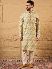 Men Yellow Viscose Rayon Bandhani Embroidered Straight Kurta With Pant Set-MKSET1192