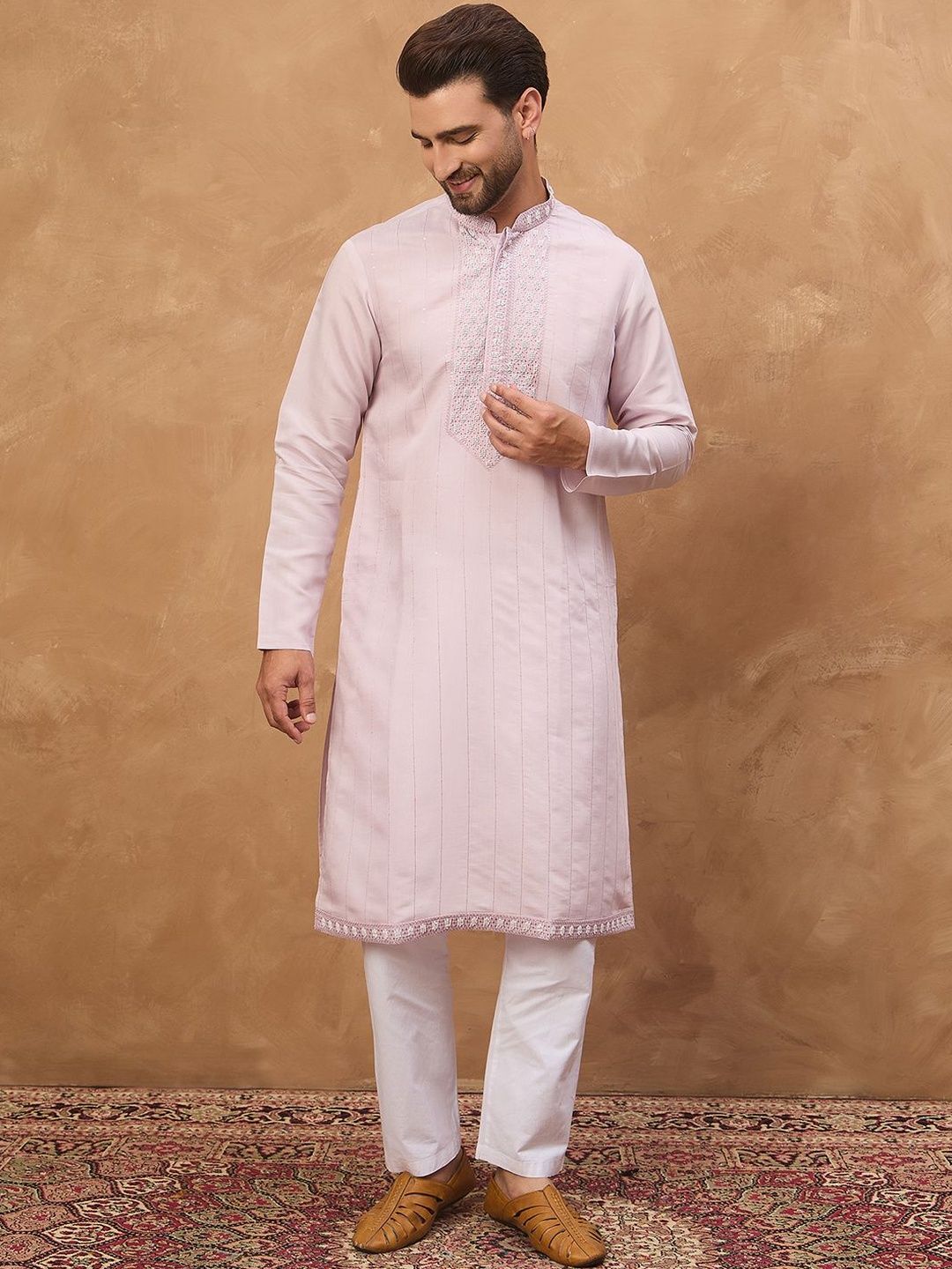Men Lavender Silk Blend Solid Embroidered Straight Kurta With Pant Set-MKSET1449
