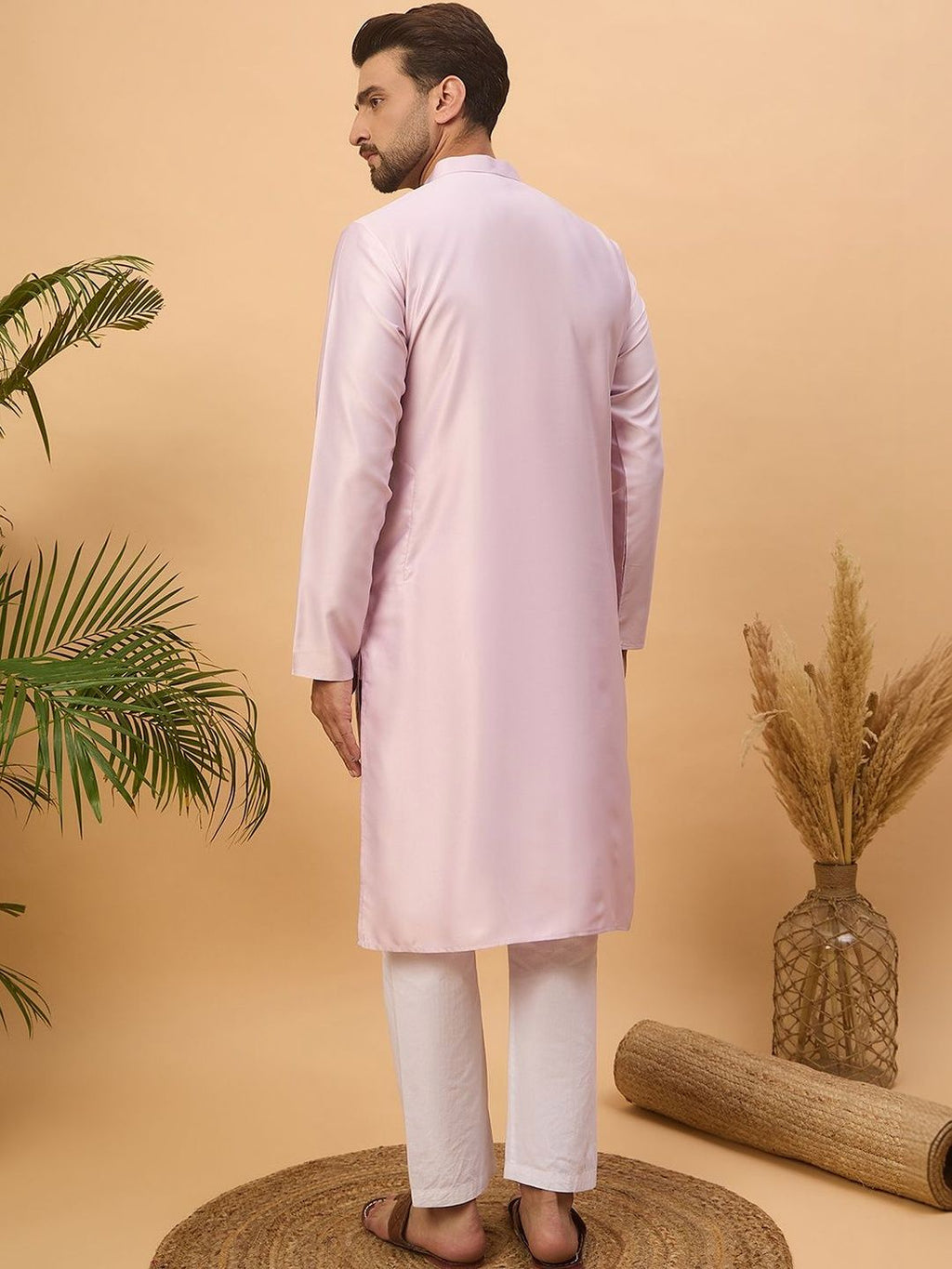 Men Lavender Silk Blend Solid Embroidered Straight Kurta With Pant Set-MKSET1447
