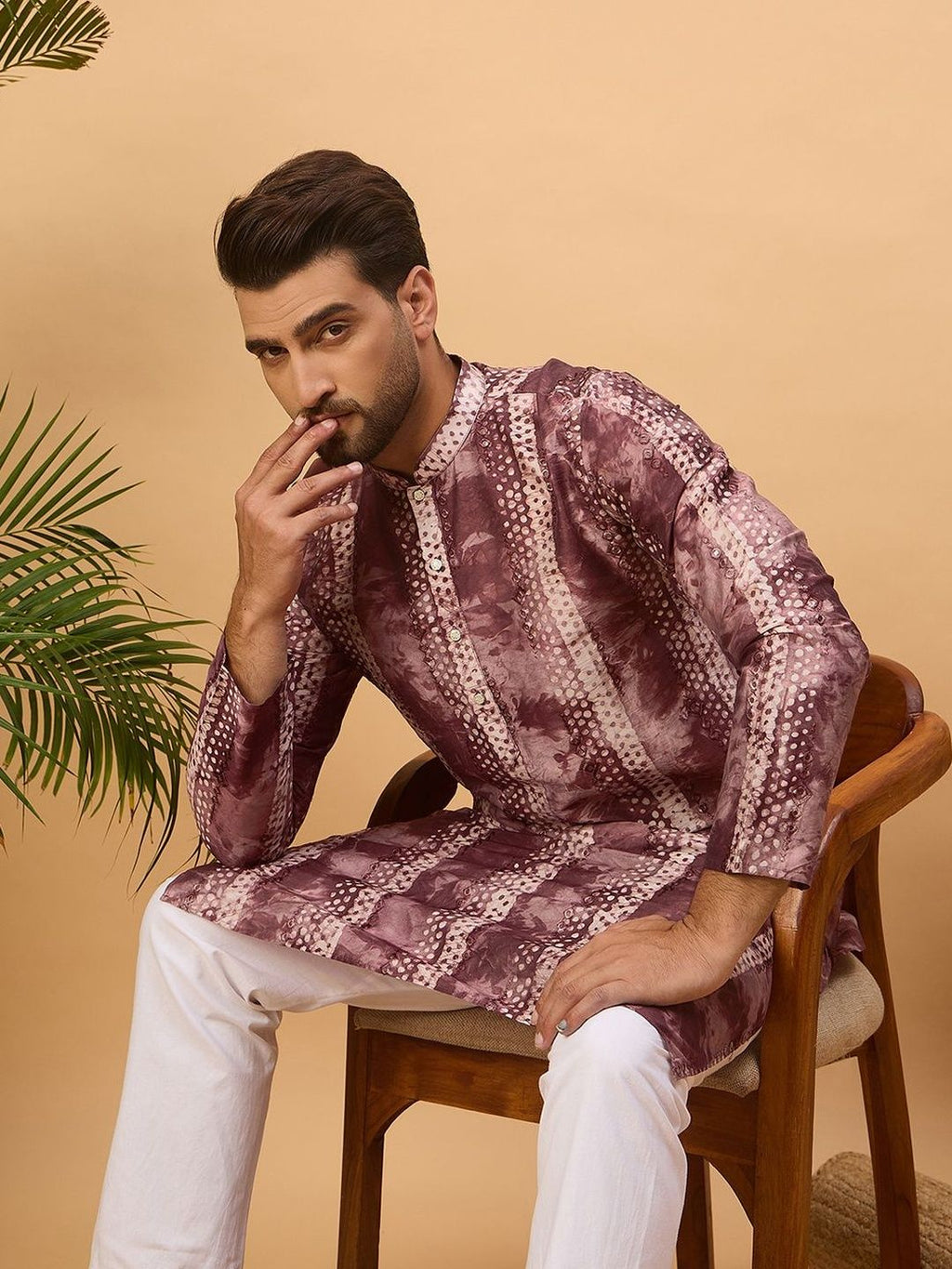 Men Burgundy Silk Blend Shibori Embroidered Straight Kurta With Pant Set-MKSET1537