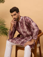 Men Burgundy Silk Blend Shibori Embroidered Straight Kurta With Pant Set-MKSET1537