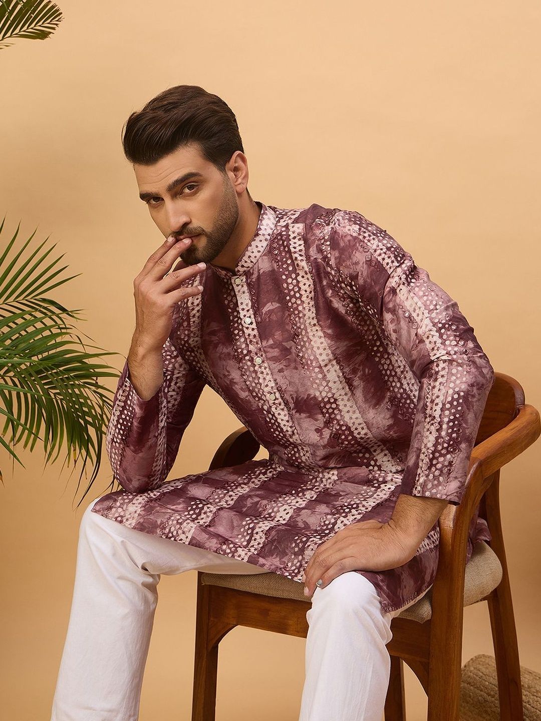 Men Burgundy Silk Blend Shibori Embroidered Straight Kurta With Pant Set-MKSET1537