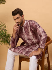 Men Burgundy Silk Blend Shibori Embroidered Straight Kurta With Pant Set-MKSET1537
