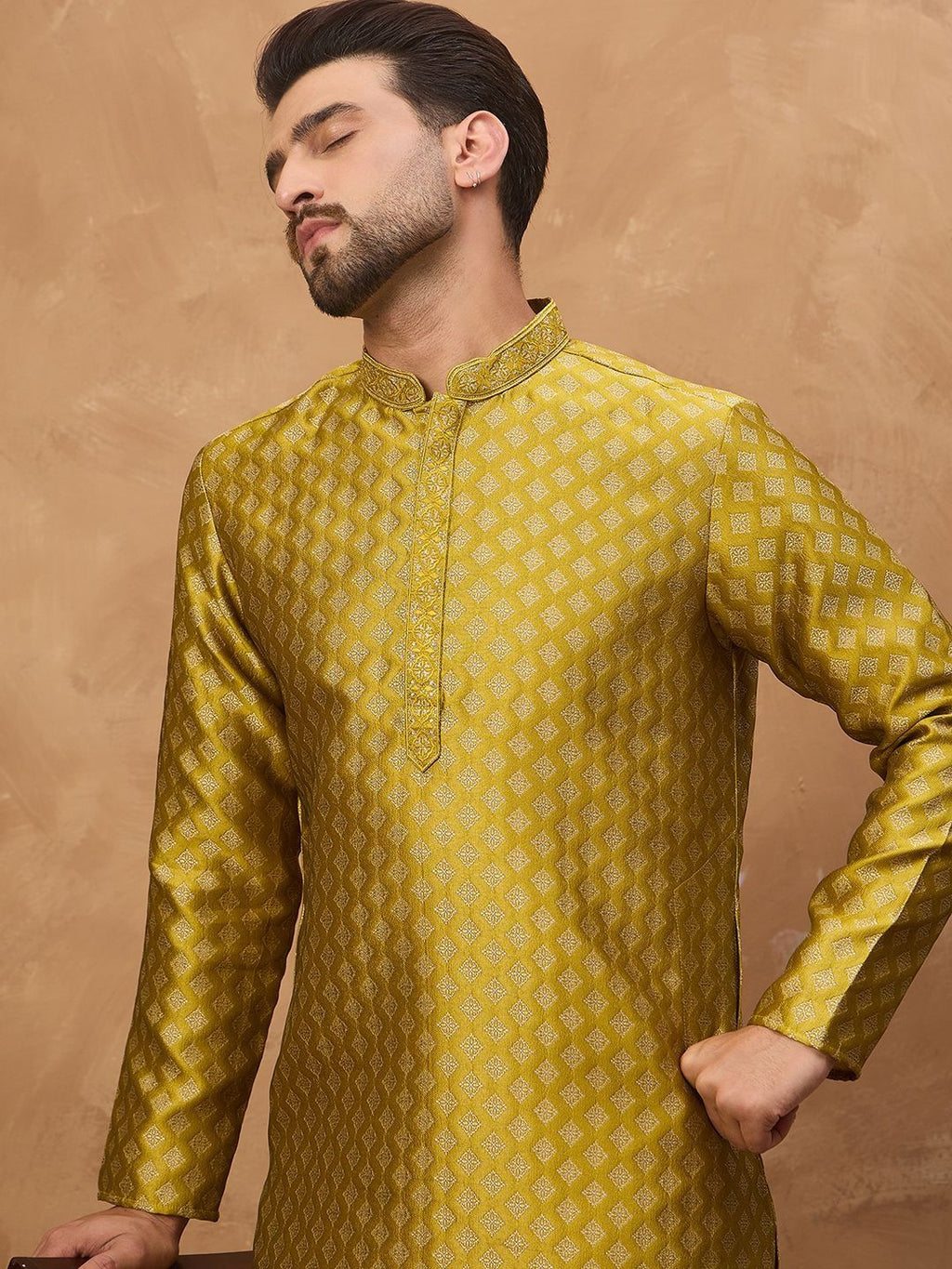 Men Yellow Silk Blend Solid Woven Design Straight Kurta With Pant Set-MKSET1459