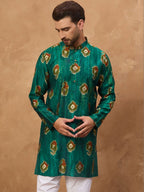 Men Teal Viscose Rayon Ethnic Motifs Printed Straight Kurta With Pant Set-MKSET1541