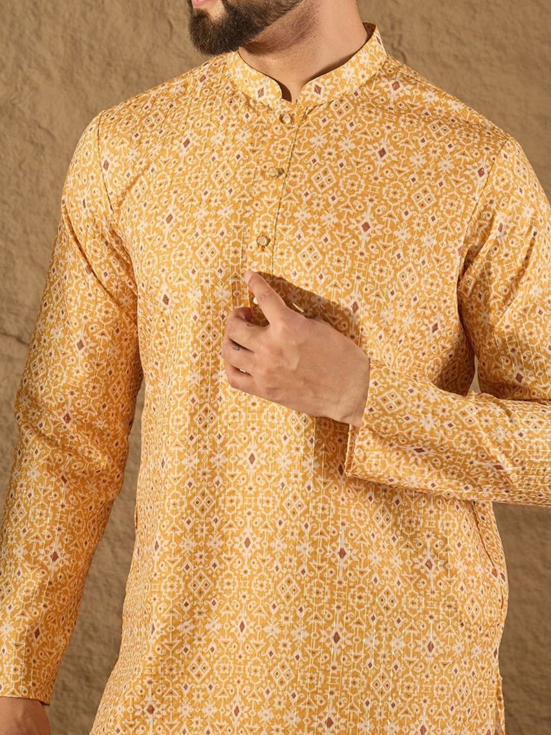 Men Yellow Silk Blend Ethnic Motif Embroidered Straight Kurta With Pant Set-MKSET1304