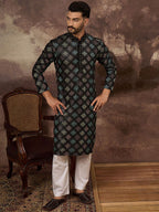 Men Black Silk Blend Solid Embroidered Straight Kurta With Pant Set-MKSET1384