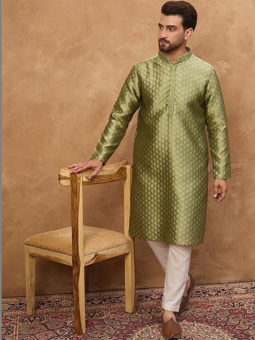 Men Green Silk Blend Solid Woven Design Straight Kurta With Pant Set-MKSET1456