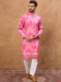 Men Pink Silk Blend Batik Embroidered Straight Kurta With Pant Set-MKSET1515