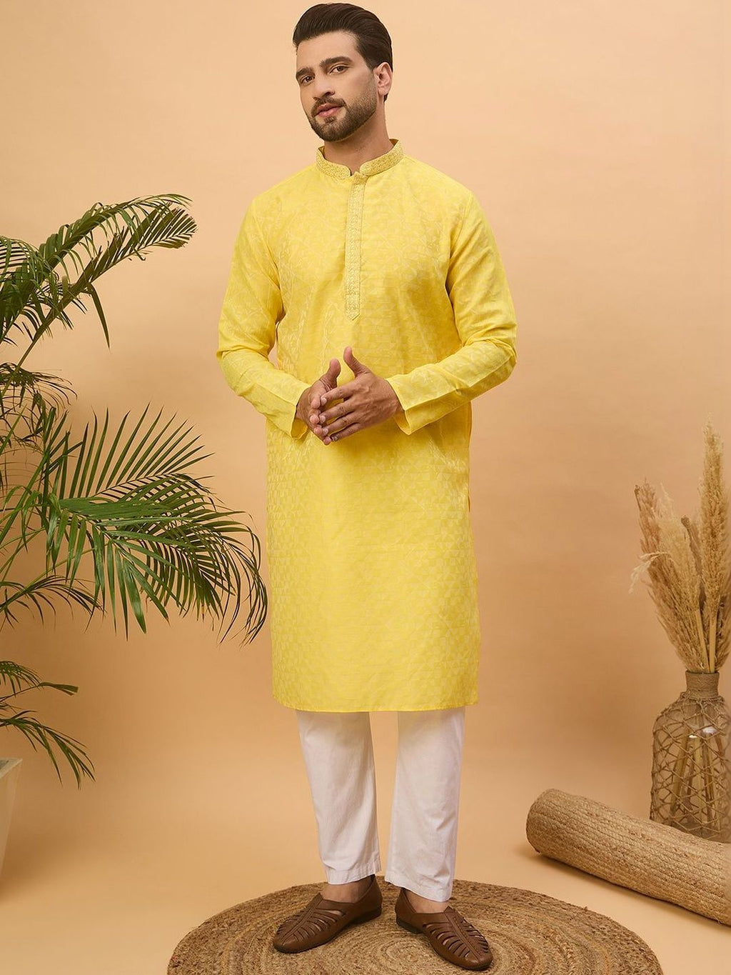Men Yellow Silk Blend Solid Embroidered Straight Kurta With Pant Set-MKSET1455