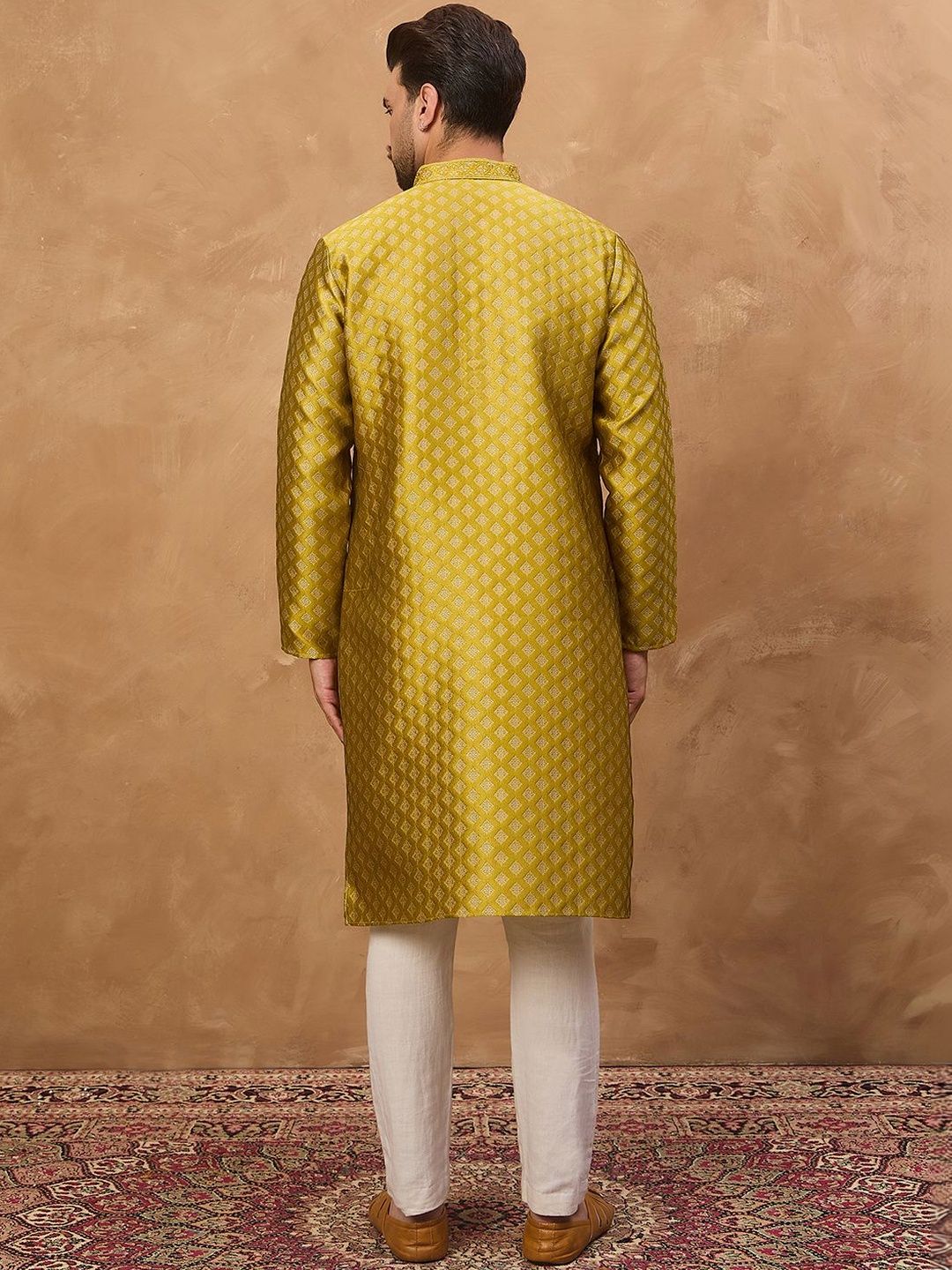 Men Yellow Silk Blend Solid Woven Design Straight Kurta With Pant Set-MKSET1459