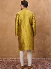 Men Yellow Silk Blend Solid Woven Design Straight Kurta With Pant Set-MKSET1459