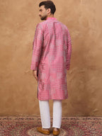 Men Pink Silk Blend Geometric Printed Straight Kurta With Pant Set-MKSET1526